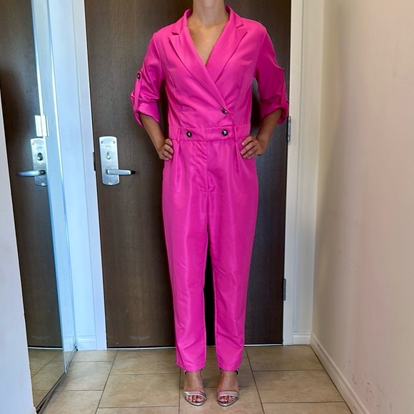Barbie Pink Double Breasted Button Jumpsuit w/belt loops & hidden zipper - Picture 4 of 10